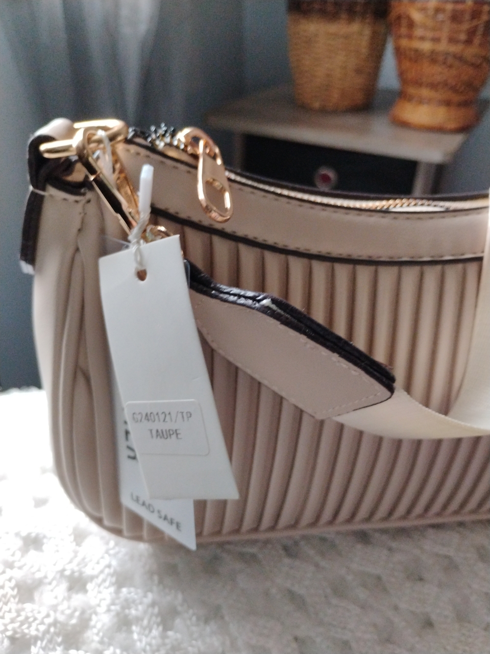 Taupe Pleated Women’s Handbag with Gold Hardware